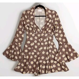 Asos Design Made In Morocco Romper Brown Daisy Print Long Bell Sleeves Sz 6